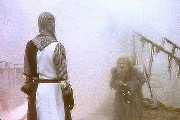 Sir Lancelot as he approachs the Bridge of Death meets the Bridge-Keeper
